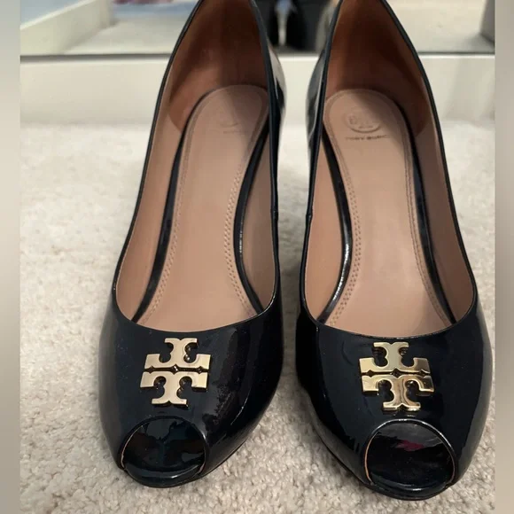 Tory Burch Navy Peep-Toe Flats - Picture 1 of 12